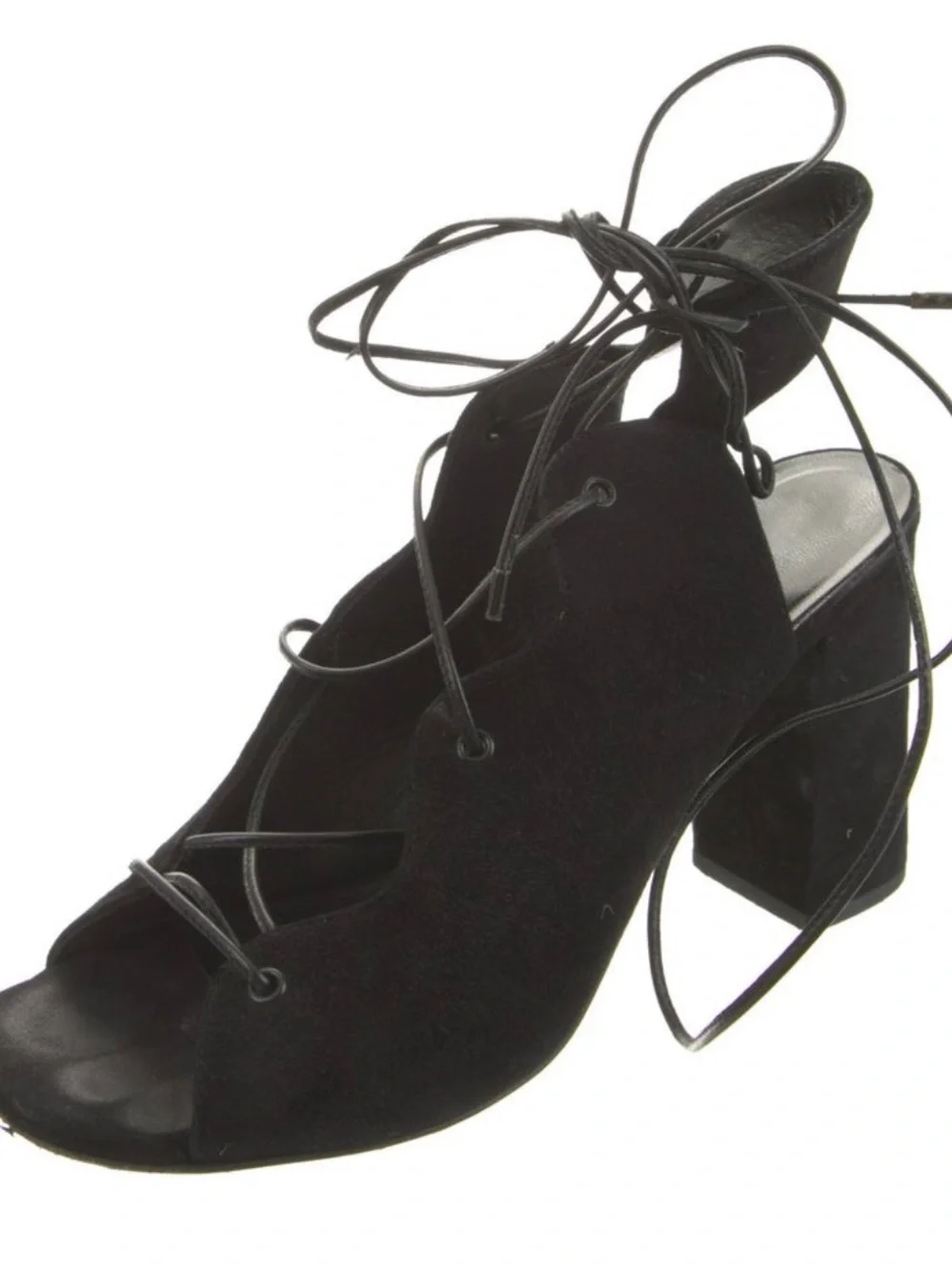 Yves Saint Laurent Black Lace-Up Suede Block Heel Sandals
